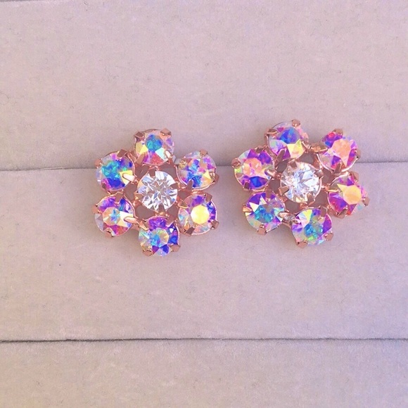 Jewelry - Aurora Borealis Rose Gold Crystal Flower Statement Earrings